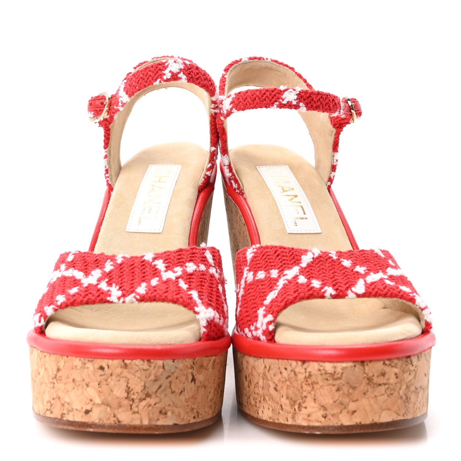 Chanel Cotton Tweed Cork CC Wedge Sandals 37 Red White 3 of 10