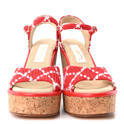Chanel Cotton Tweed Cork CC Wedge Sandals 37 Red White 3 of 10