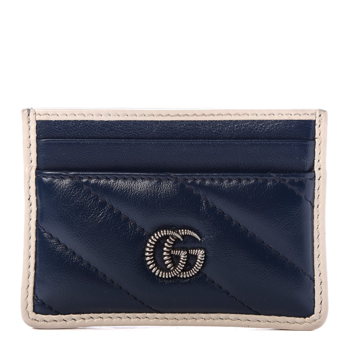Vintage Effect Calfskin Matelasse Diagonal Torchon GG Marmont Card Holder Blue Agata Mystic White