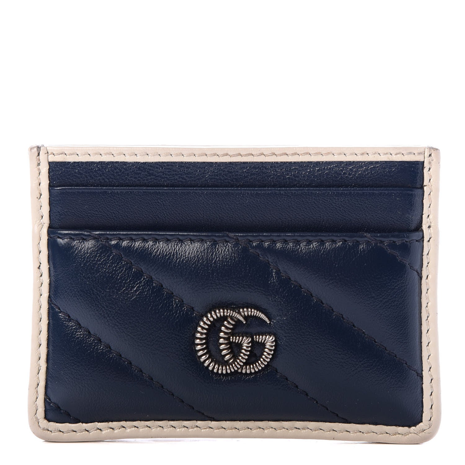 Gucci Vintage Effect Calfskin Matelasse Diagonal Torchon GG Marmont Card Holder Blue Agata Mystic White 1 of 7