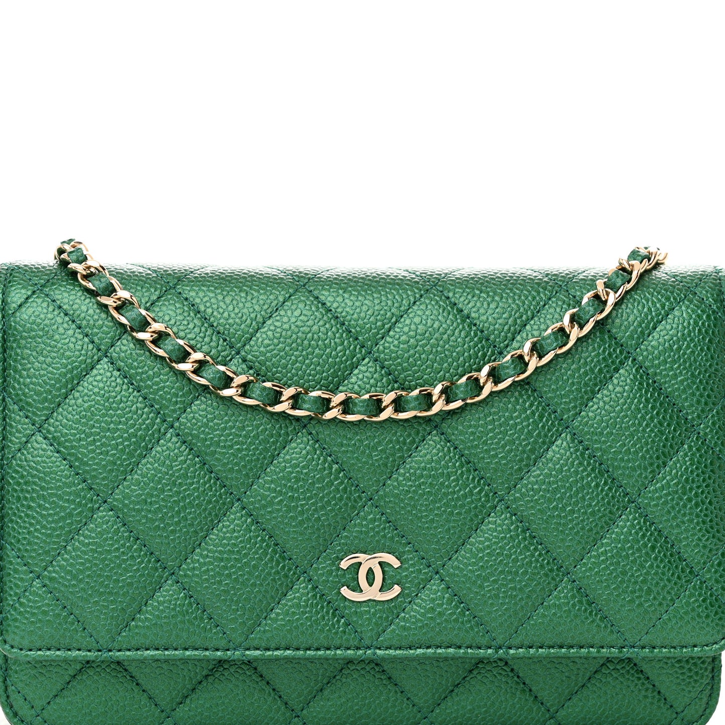 Metallic Caviar Quilted Wallet On Chain WOC Green