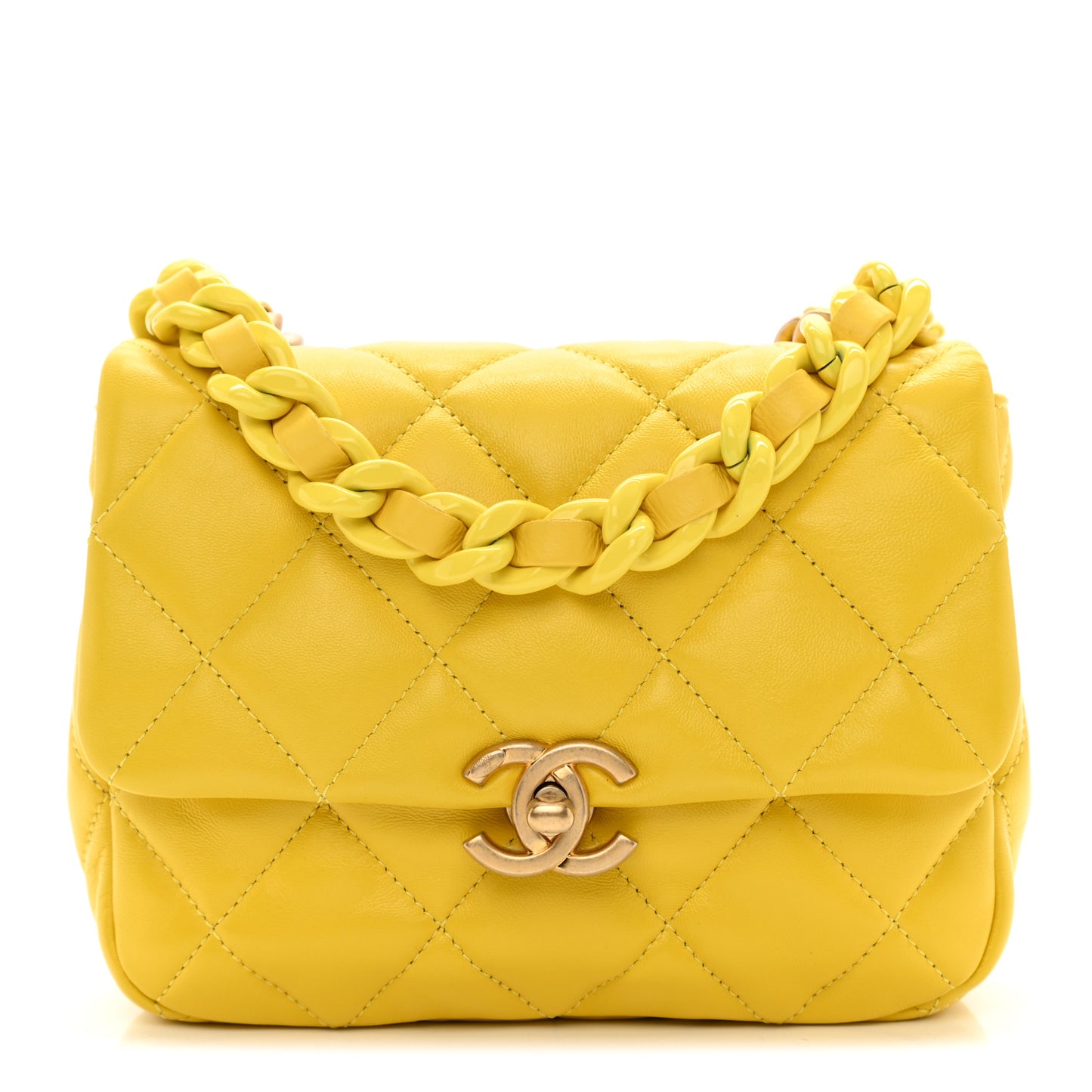 Lambskin Quilted Mini Lacquered Chain Flap Yellow
