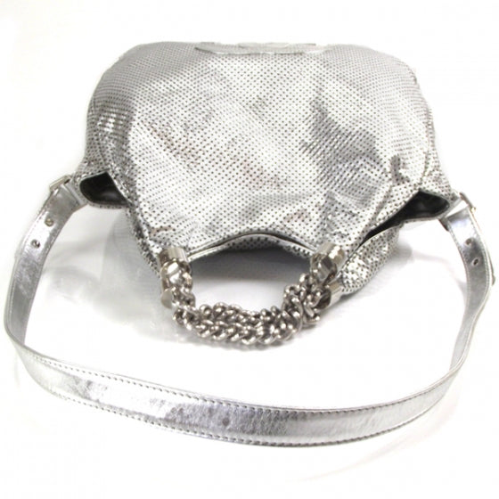 Metallic Glazed Calfskin Perforated Medium Rodeo Drive Tote Silver