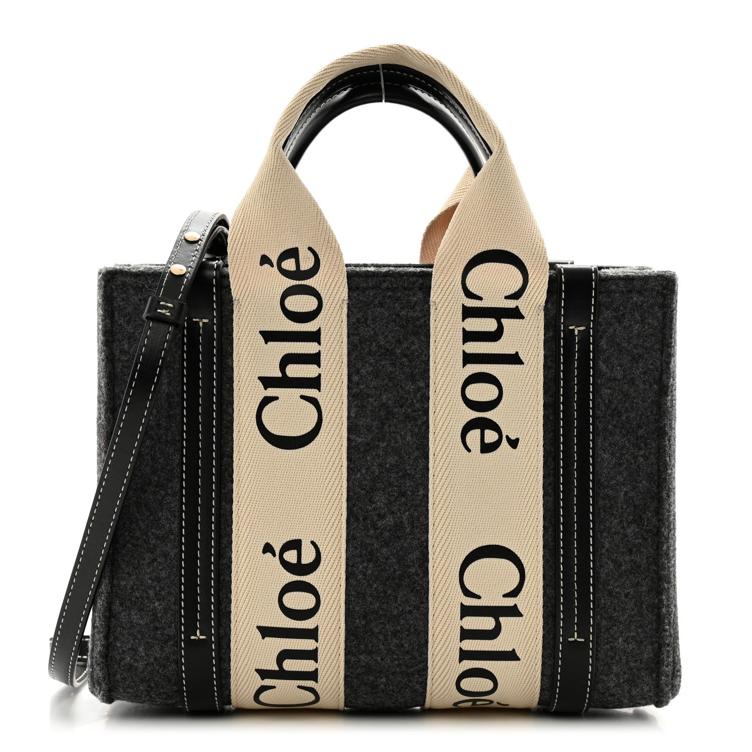 Chloe Felt Calfskin Small Woody Ribbon Tote With Strap Cashmere Grey 1 of 11