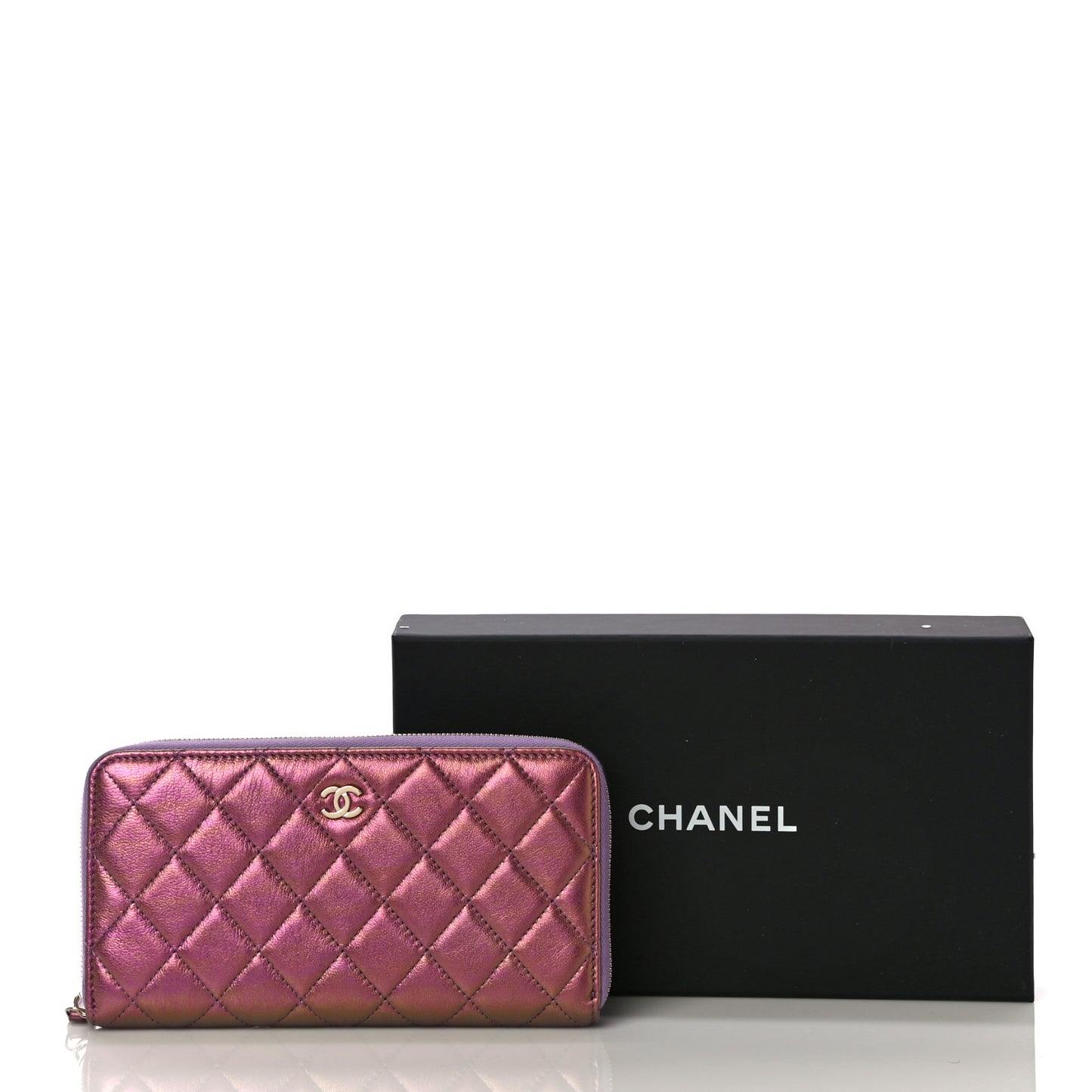 Iridescent Lambskin Quilted Large Gusset Zip Around Wallet Purple