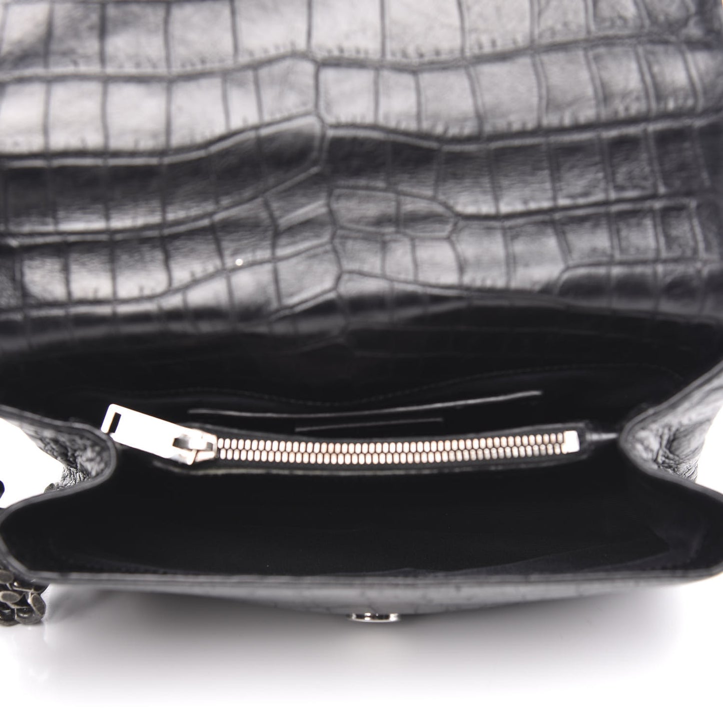 Calfskin Crocodile Embossed Medium College Monogram Satchel Black