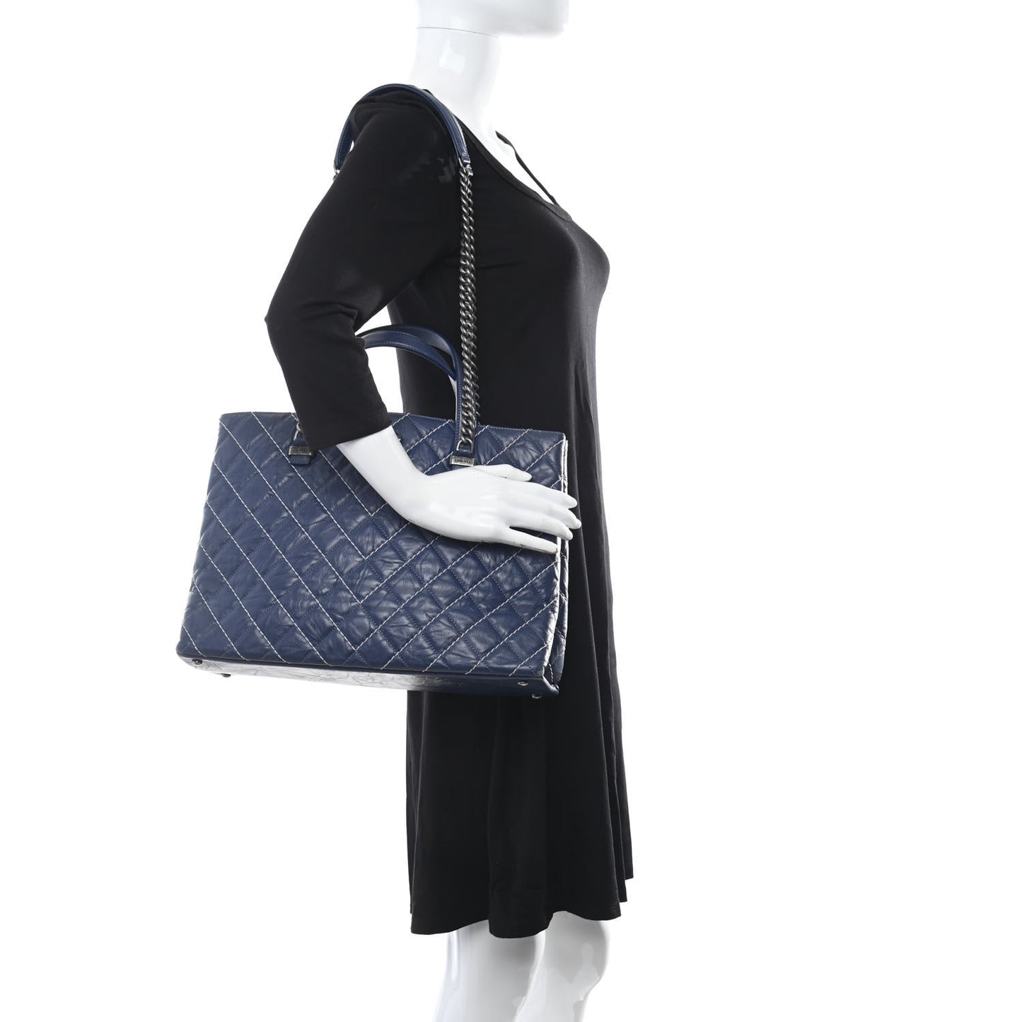 Calfskin Chevron Stitched Shopping Tote Navy