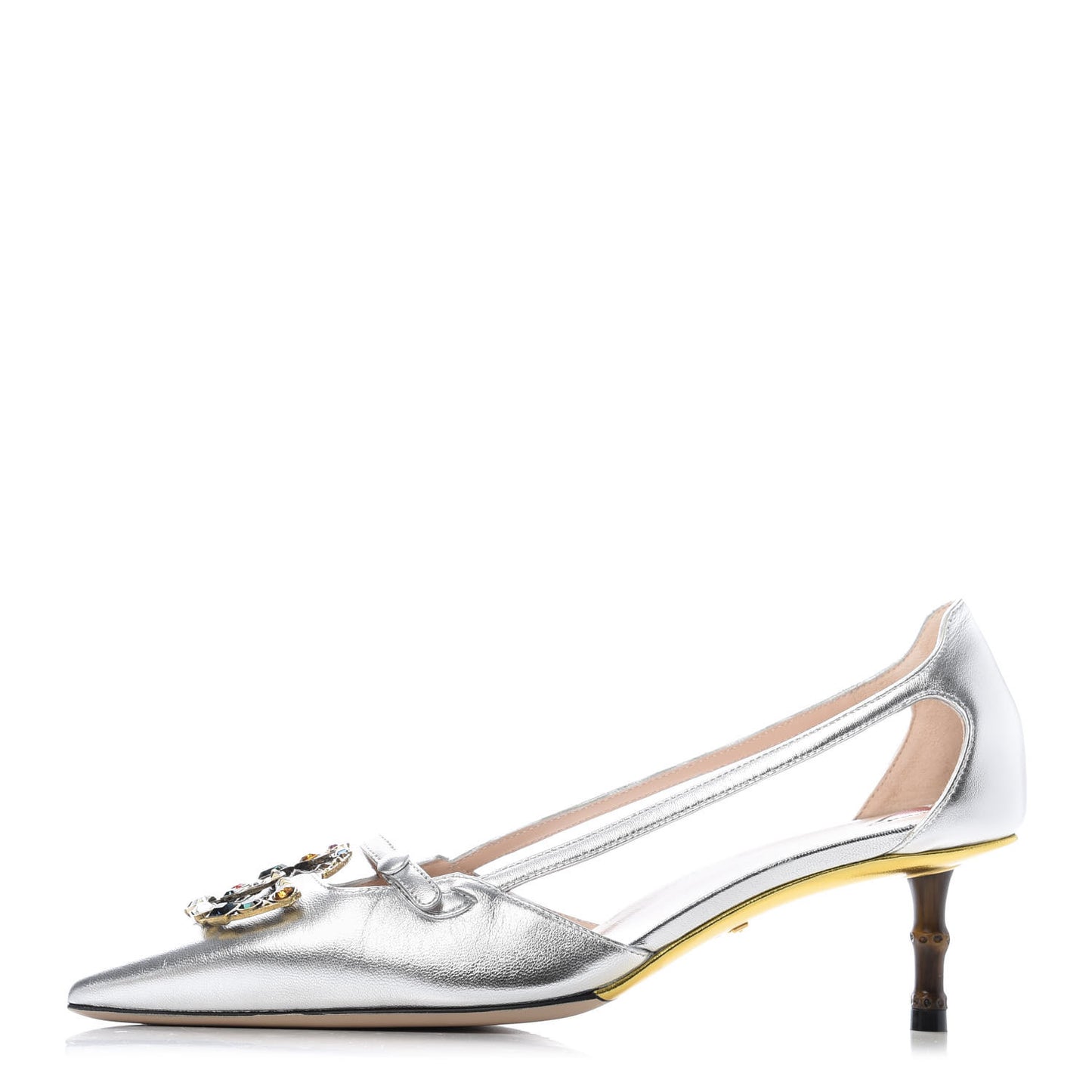 Metallic Nappa Bamboo Crystal Double G Low Heel Pumps 38 Argento