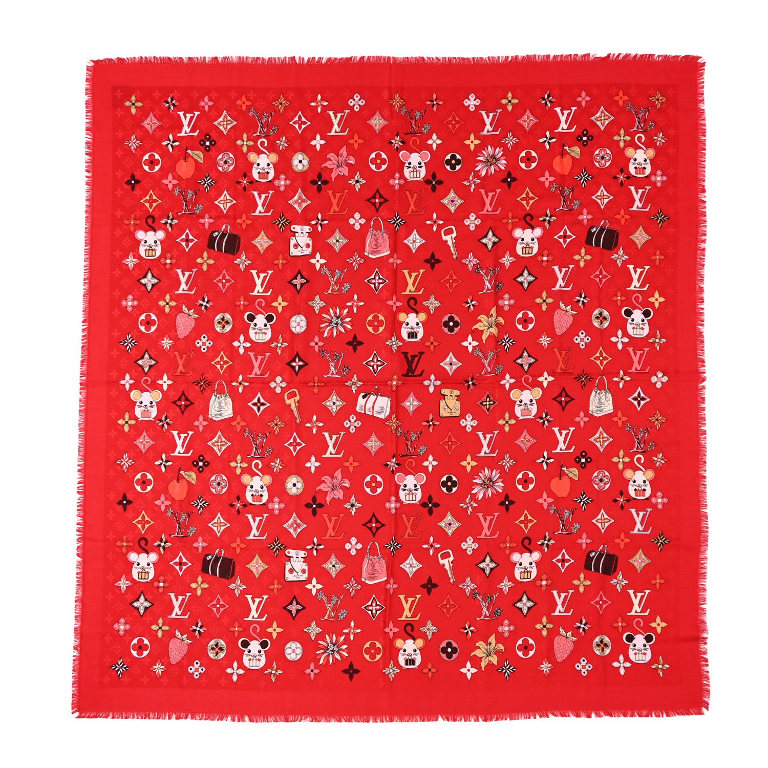 Louis Vuitton Silk Wool Chinese New Year Mouse Shawl Rouge 1 of 9