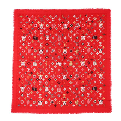 Louis Vuitton Silk Wool Chinese New Year Mouse Shawl Rouge 1 of 9