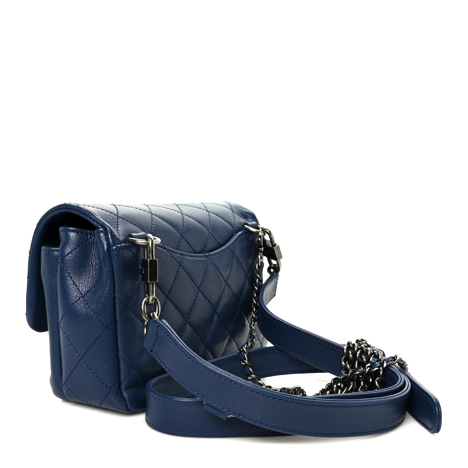 Chanel Shiny Goatskin Quilted Small Double Carry Waist Chain Flap Blue 3 of 10