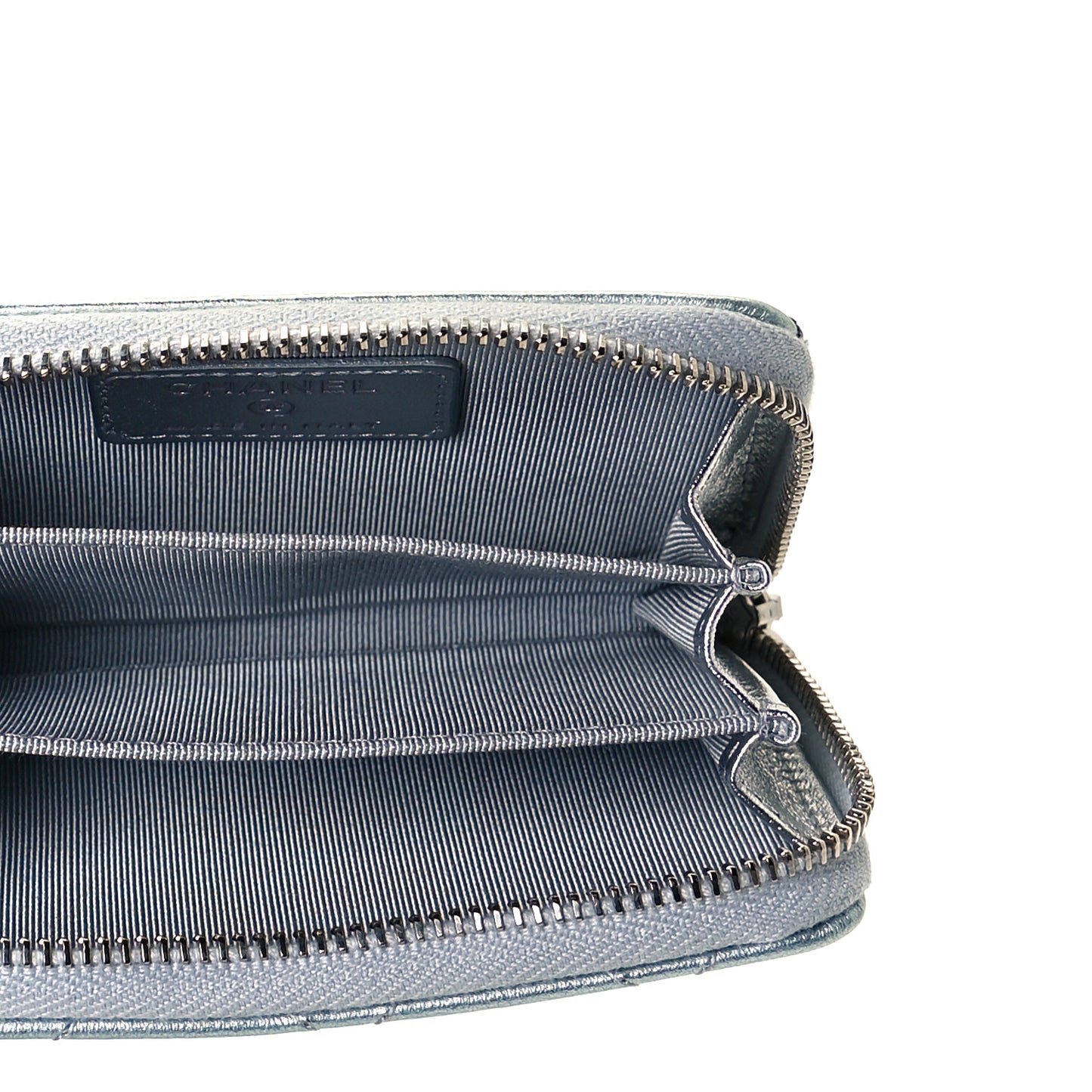 Gradient Metallic Calfskin Quilted Zip Around Coin Purse Wallet Silver Blue Yellow Purple