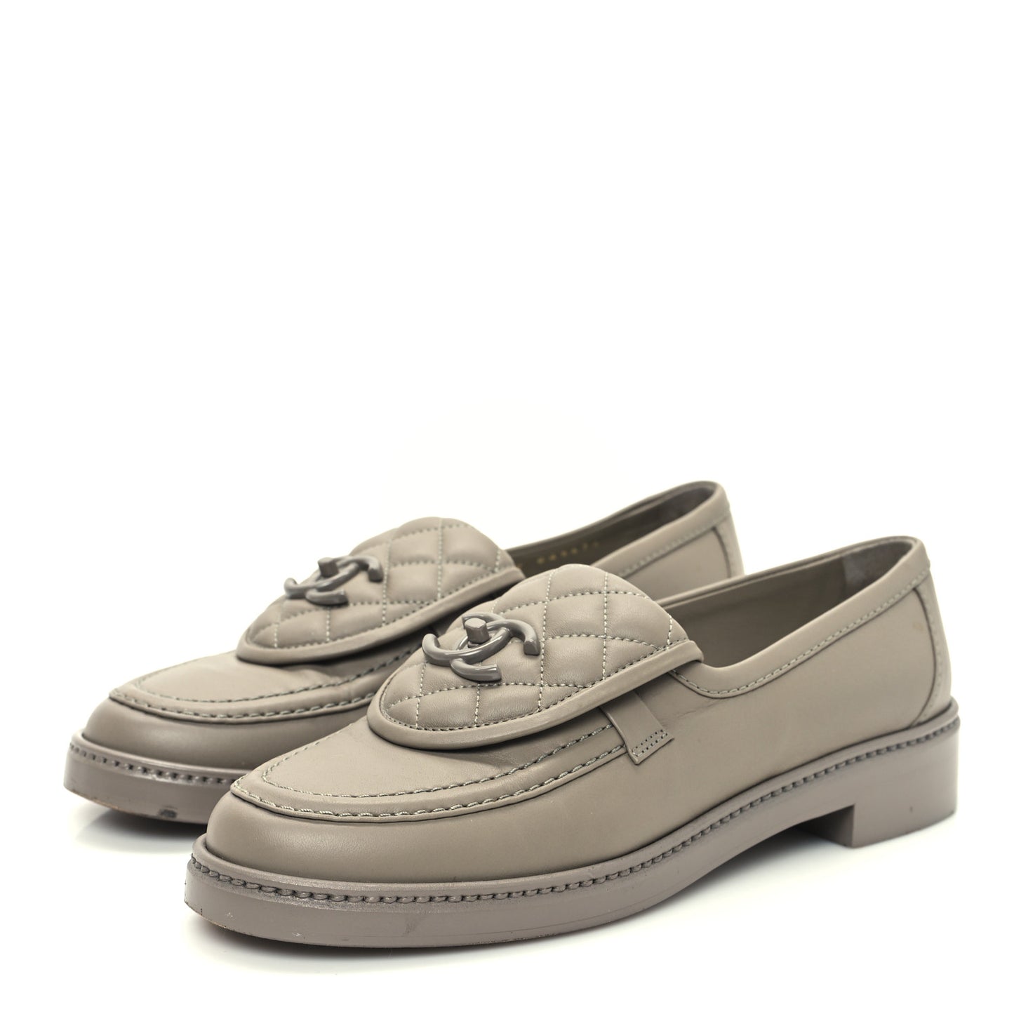 Shiny Lambskin Quilted CC Turnlock Loafers 38.5 Grey