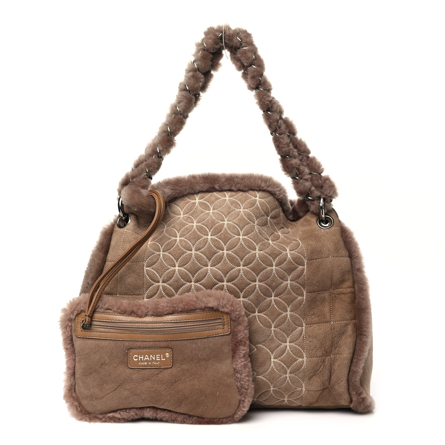 Chanel Shearling Suede Stiched CC Tote Dark Brown 3 of 11