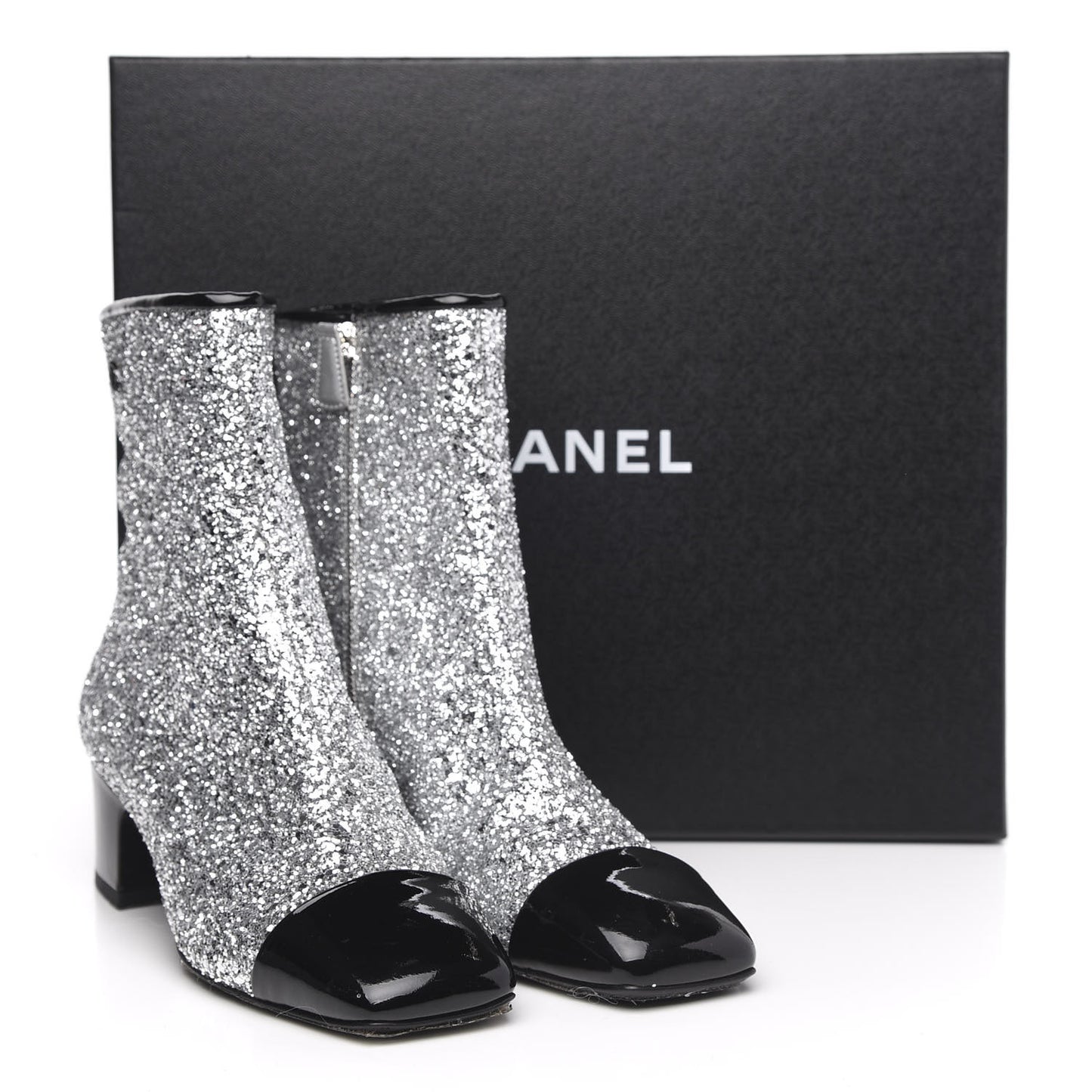 Glitter Patent Cap Toe Short Boots 38 Silver