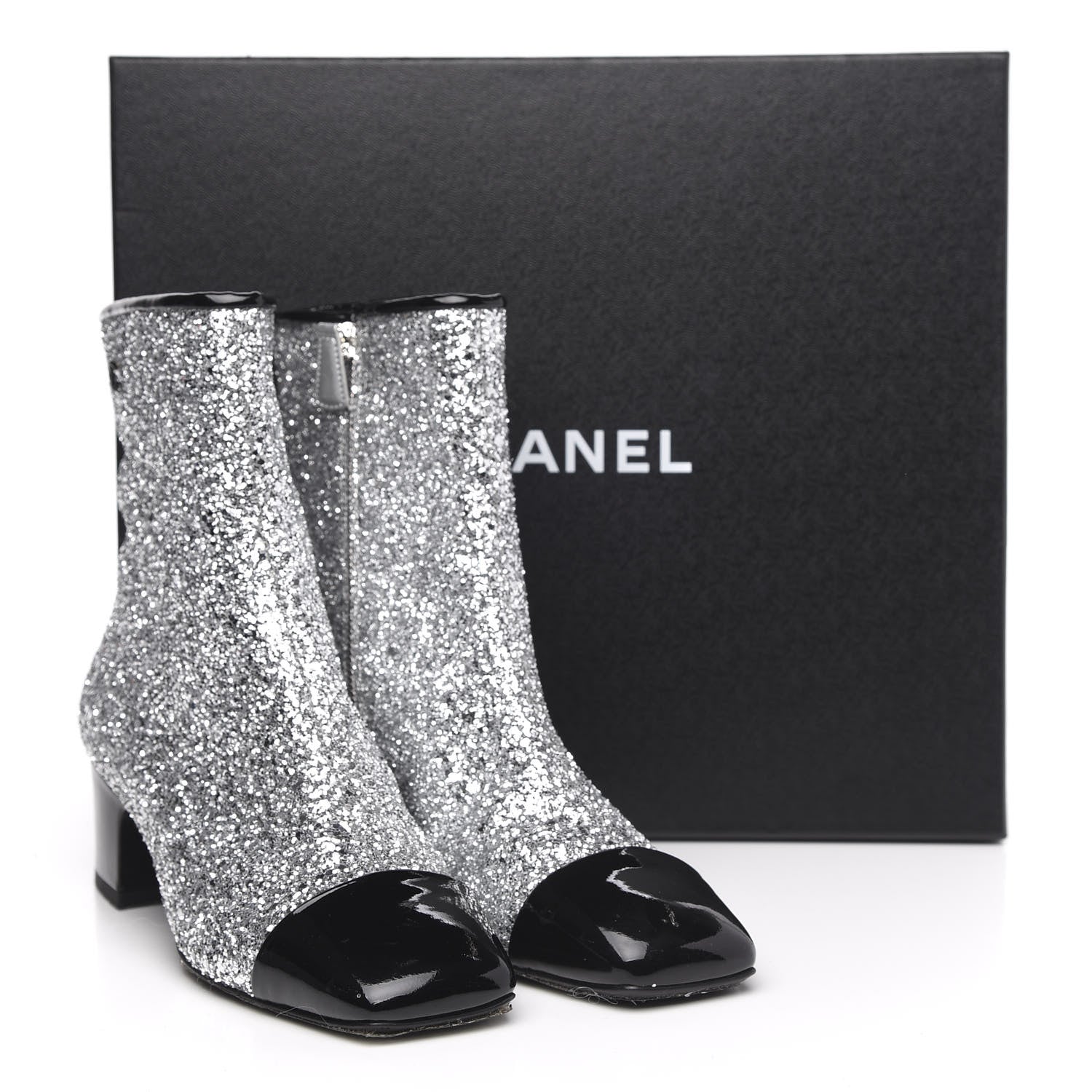 Chanel Glitter Patent Cap Toe Short Boots 38 Silver 9 of 9