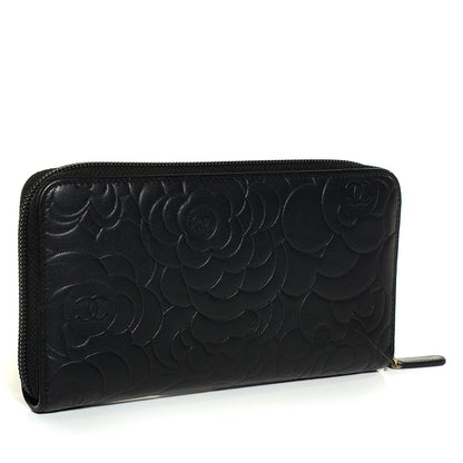 Chanel Lambskin Camellia Embossed Large Zip Around Gusset Wallet Black 3 of 9