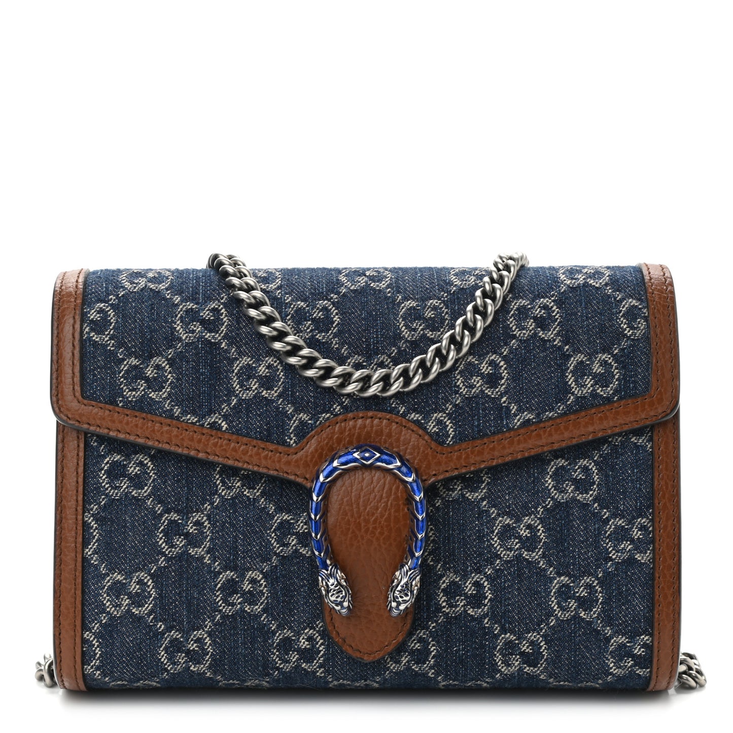 New Denim GG Monogram Dollar Calfskin Enamel Mini Dionysus Chain Wallet Blue Tea Cuir Epilog Electric Blue