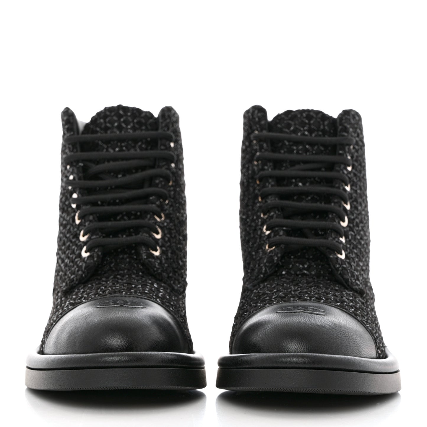 Tweed Lambskin Lace Up Combat Boots 38.5 Black Silver