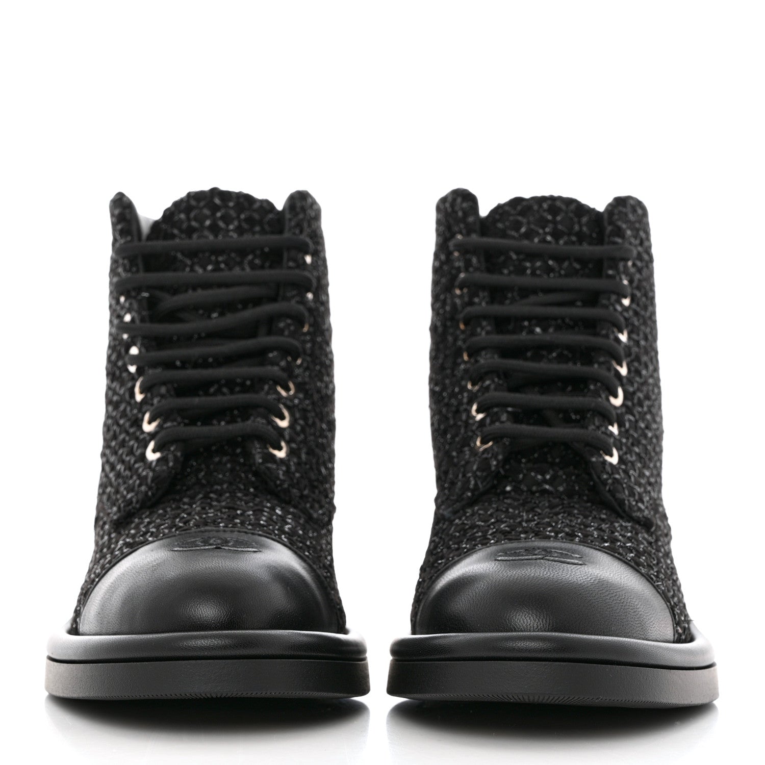 Chanel Tweed Lambskin Lace Up Combat Boots 38.5 Black Silver 2 of 9