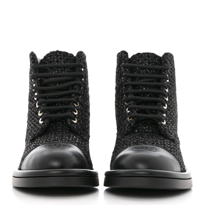 Chanel Tweed Lambskin Lace Up Combat Boots 38.5 Black Silver 2 of 9