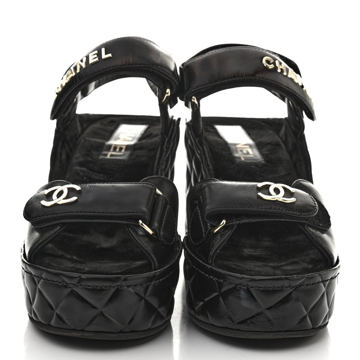 Shiny Calfskin Quilted Wedge Sandals 38 Black