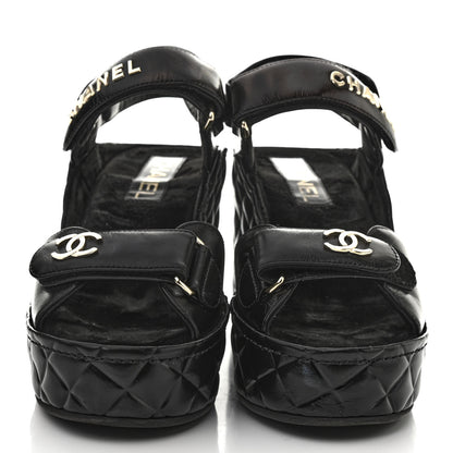 Chanel Shiny Calfskin Quilted Wedge Sandals 38 Black 2 of 9