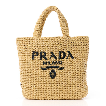 Prada Yarn Raffia Effect Crochet Embroidered Small Logo Tote Naturale 1 of 12