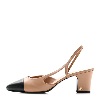 Chanel Lambskin Cap Toe CC Slingback Pumps 40.5 Dark Beige Black 1 of 11