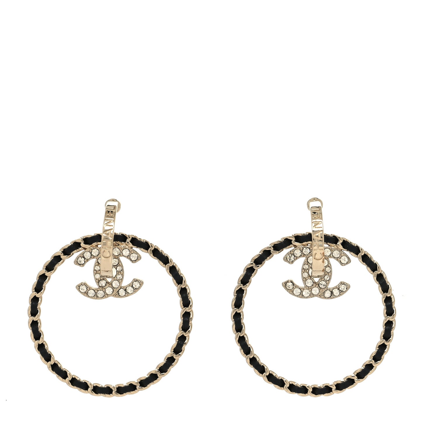 Metal Crystal Lambskin CC Chain Hoop Earrings Gold Black