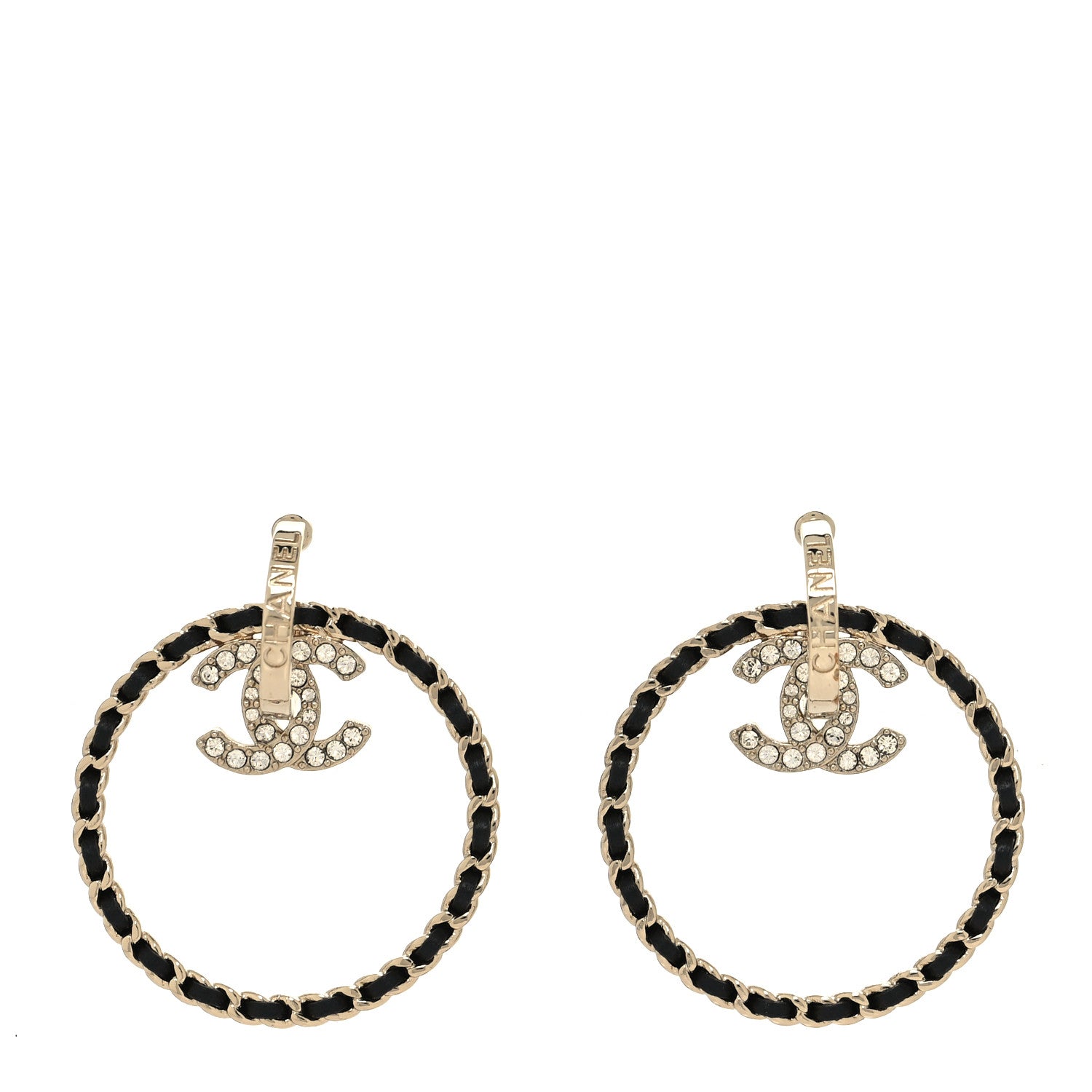 Chanel Metal Crystal Lambskin CC Chain Hoop Earrings Gold Black 1 of 4