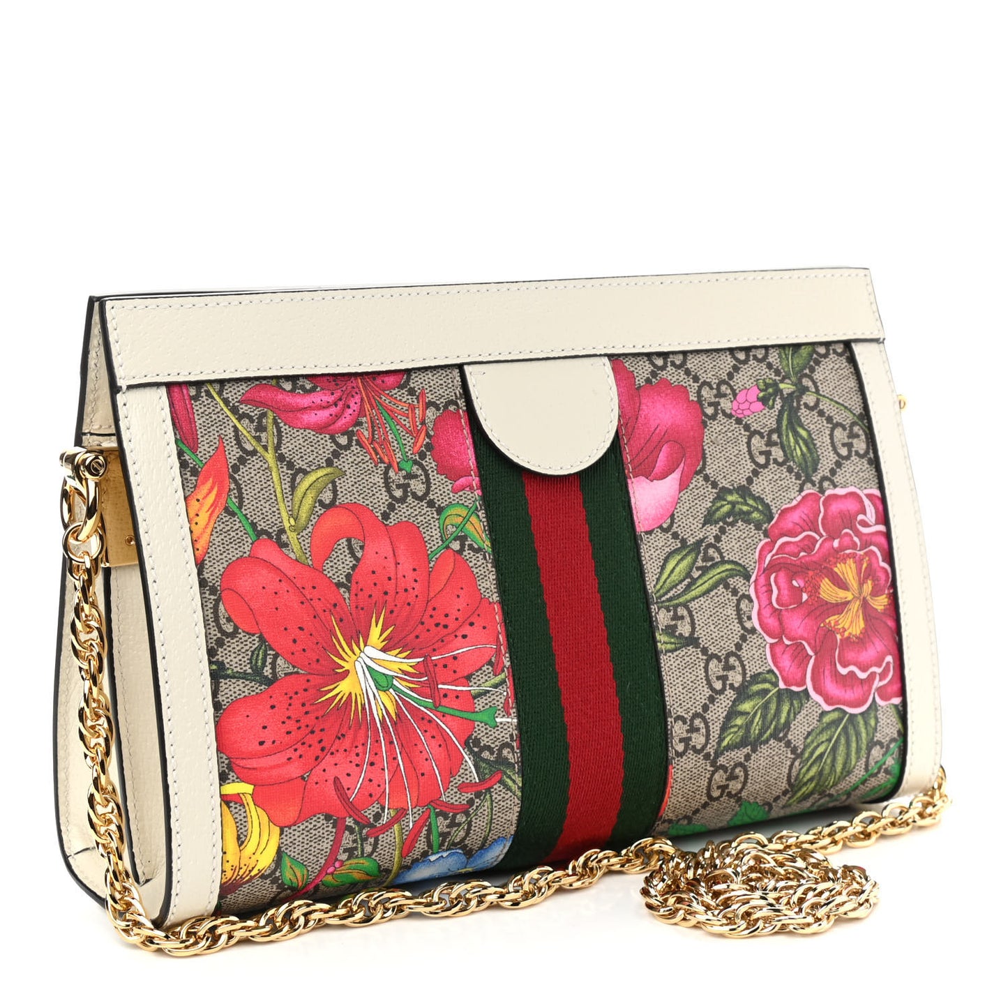 GG Supreme Monogram Flora Web Small Ophidia Chain Shoulder Bag White