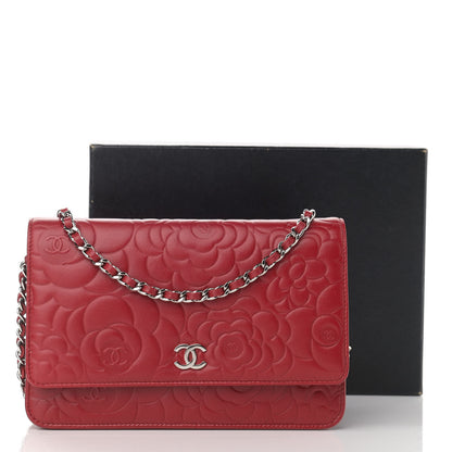 Chanel Lambskin Camellia Embossed Wallet On Chain WOC Red 14 of 14
