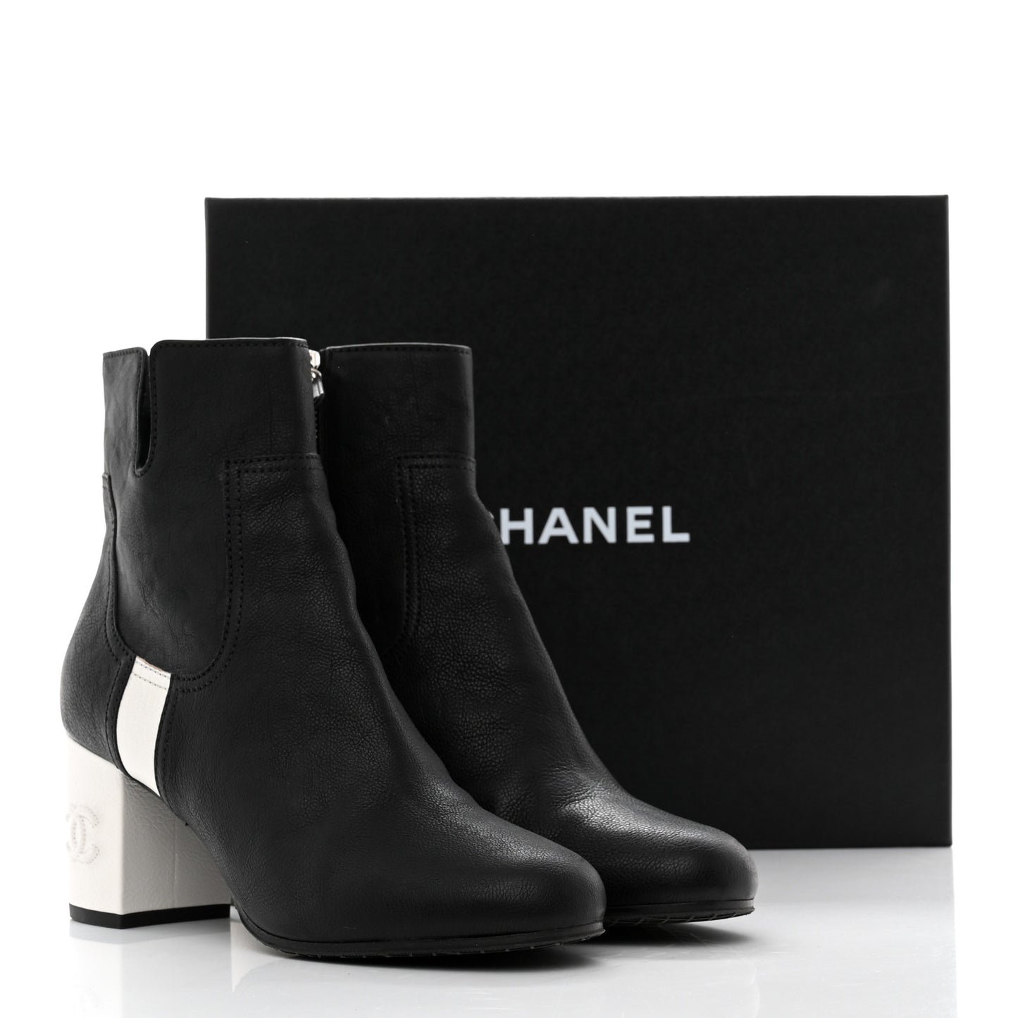 Goatskin Calfskin CC Short Boots 39 Black White