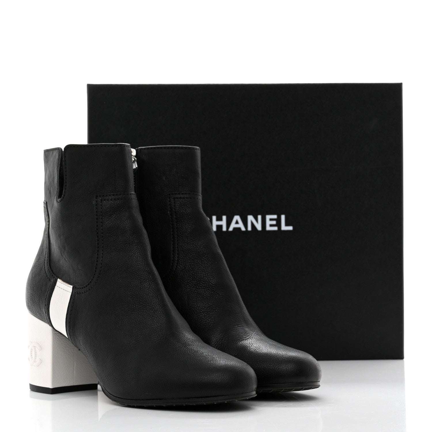 Chanel Goatskin Calfskin CC Short Boots 39 Black White 9 of 9