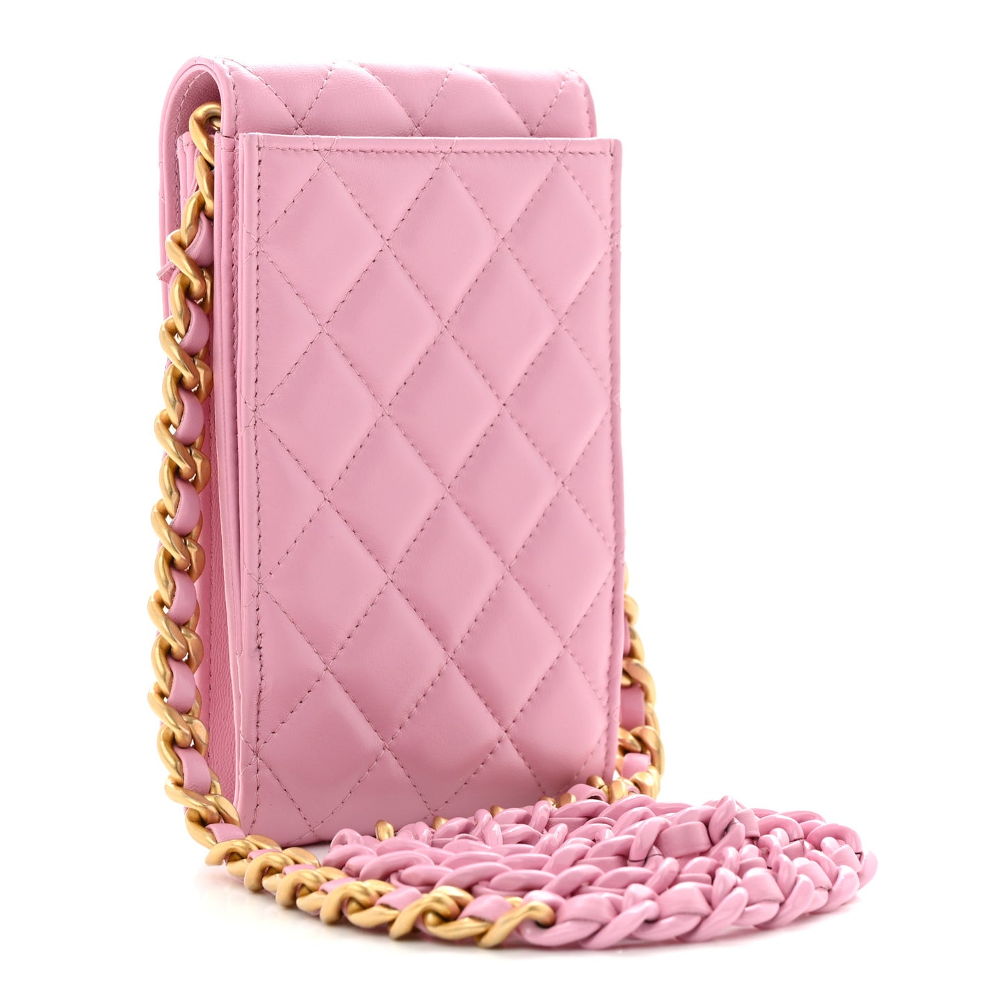 Lambskin Quilted Lacquered Chain Phone Holder With Chain Dark Pink