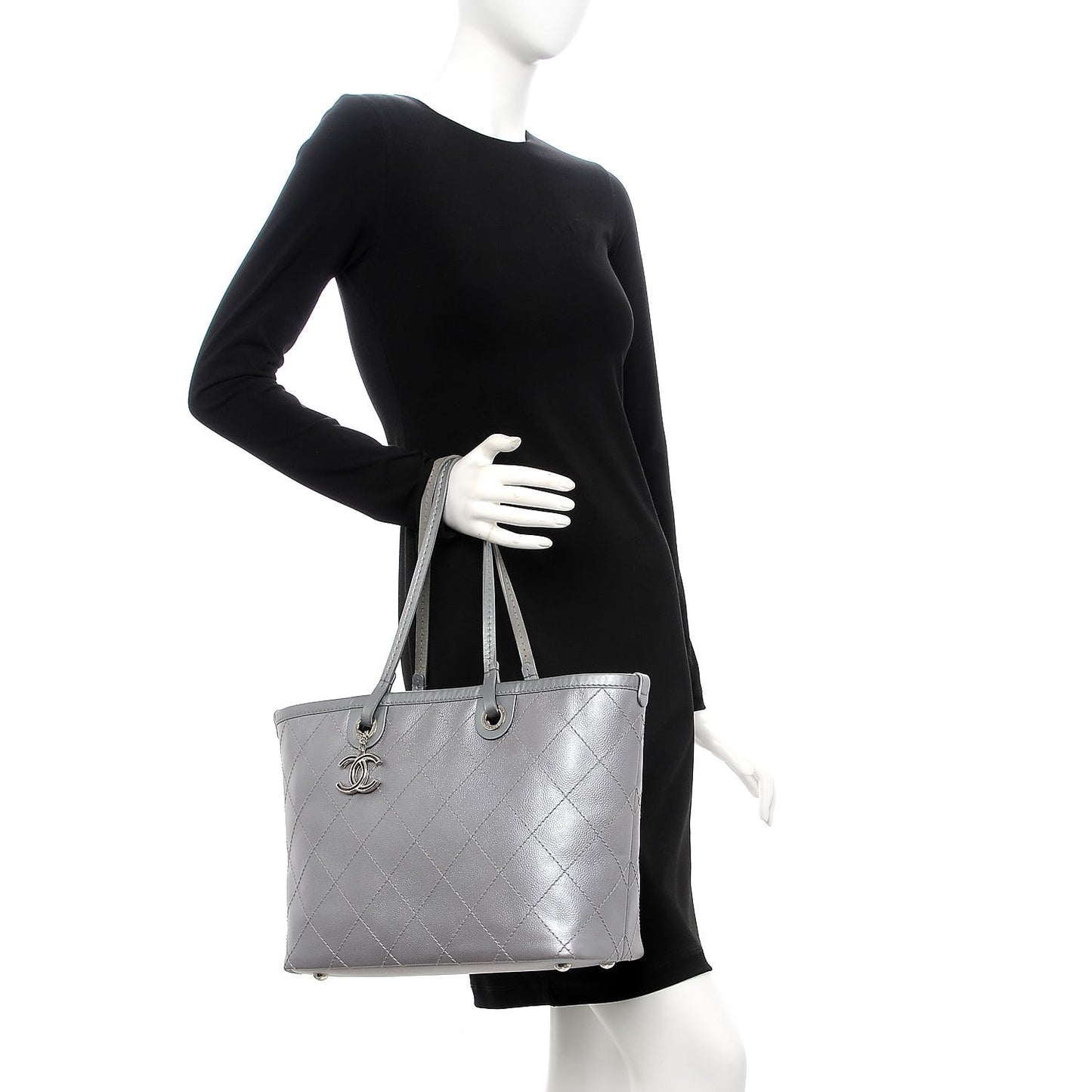 Metallic Grained Calfskin Shopping Fever Tote Silver