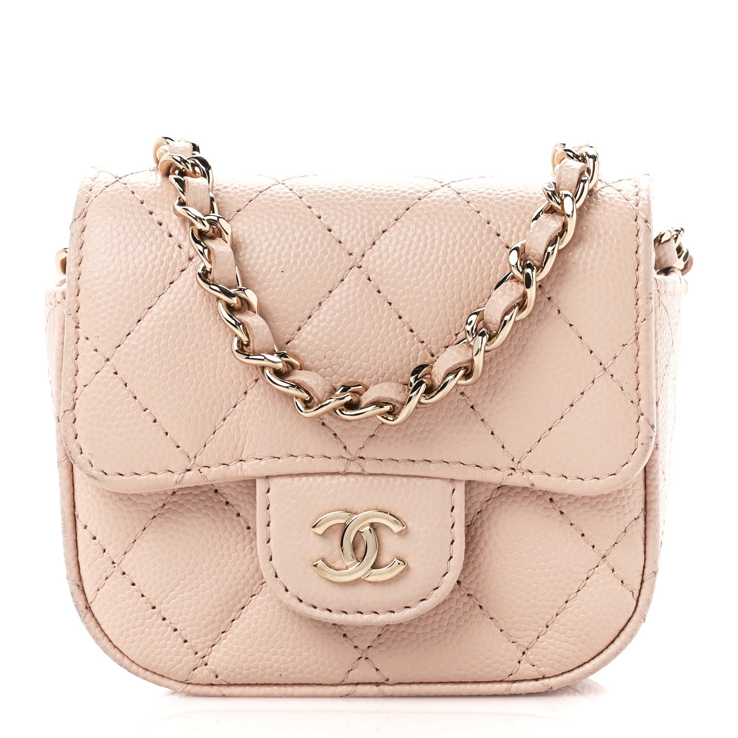 Caviar Quilted Mini Clutch With Chain Light Beige