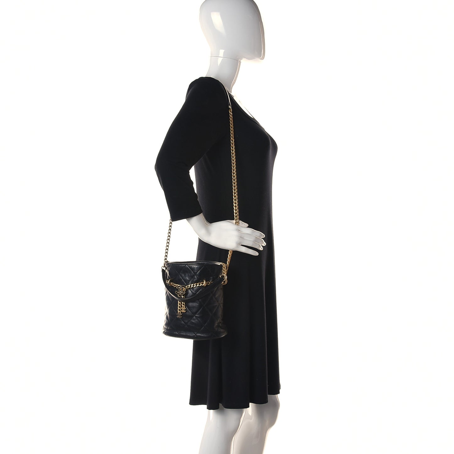 Lambskin Enamel Quilted Pending CC Bucket Drawstring Bag Black