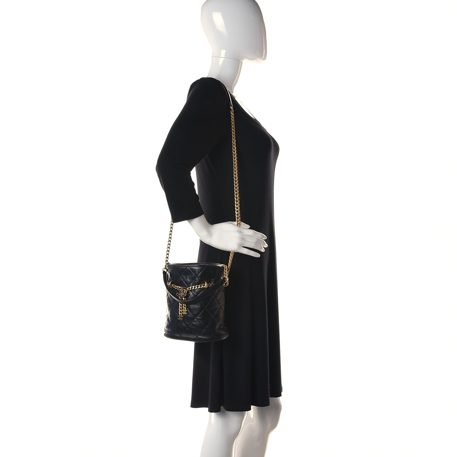 Chanel Lambskin Enamel Quilted Pending CC Bucket Drawstring Bag Black 2 of 15