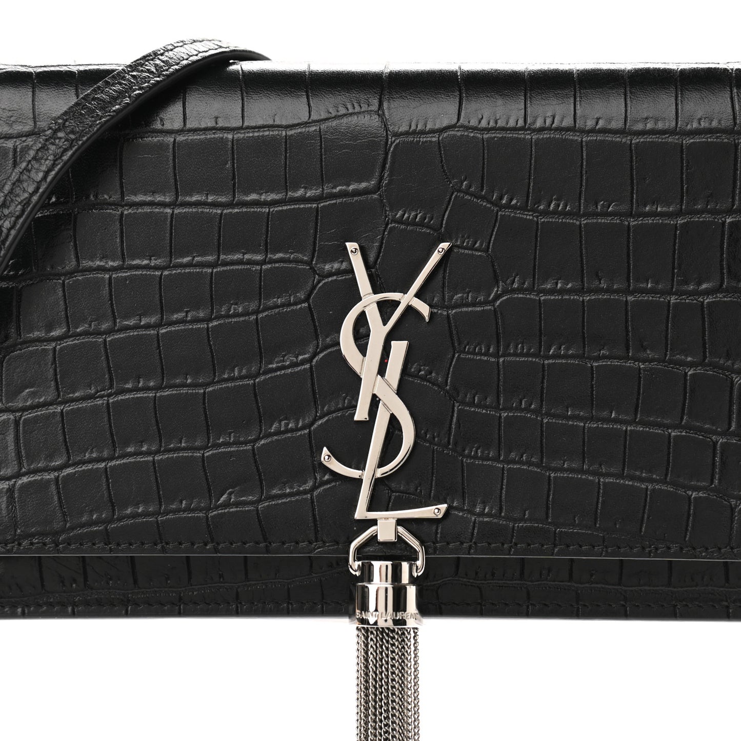 Calfskin Crocodile Embossed Kate Monogram Tassel Chain Wallet Black