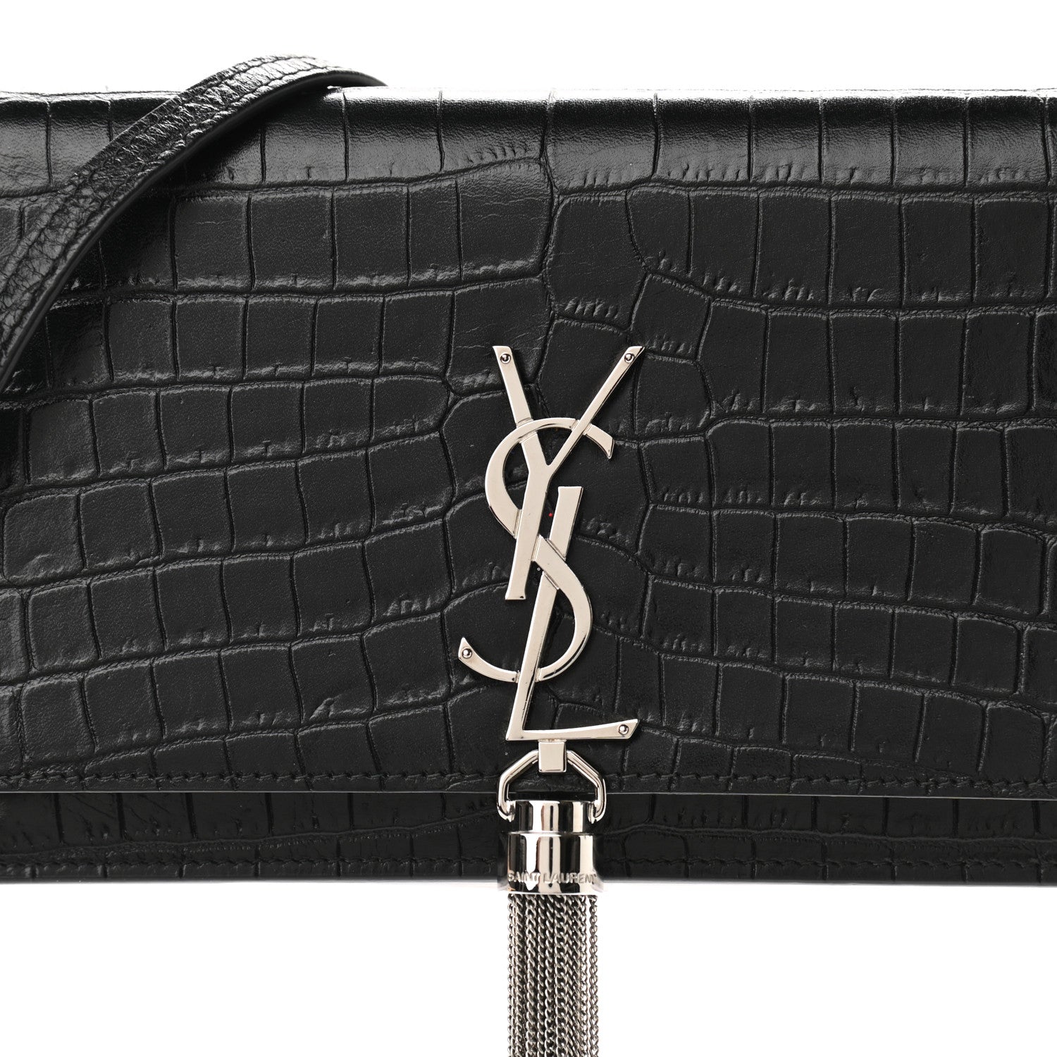 Saint Laurent Calfskin Crocodile Embossed Kate Monogram Tassel Chain Wallet Black 7 of 10