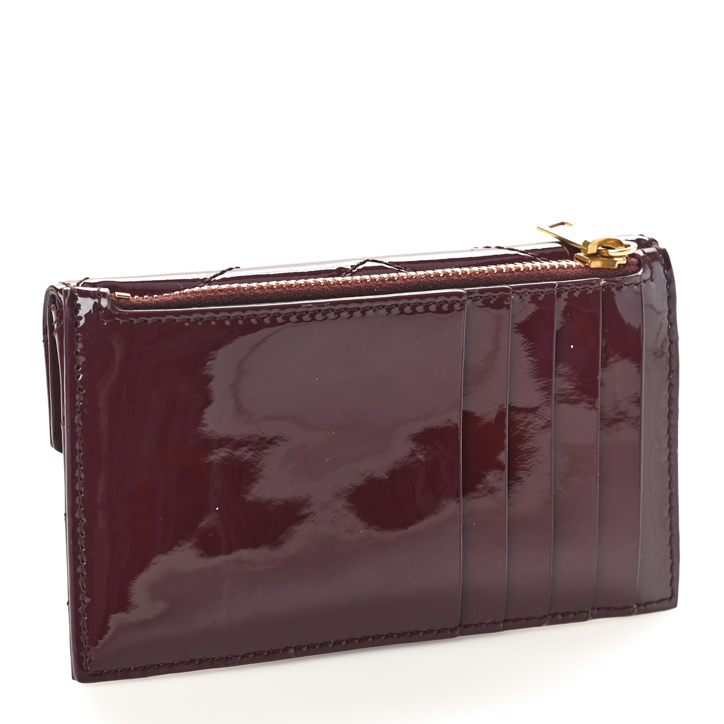 Patent Calfskin Matelasse Chevron Cassandre Fragments Zippered Card Case Dark Red Wine