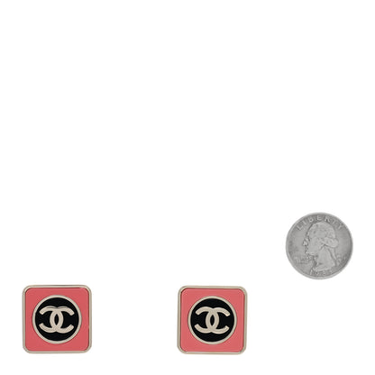 Chanel Metal Enamel CC Square Earrings Gold Pink Black 2 of 5