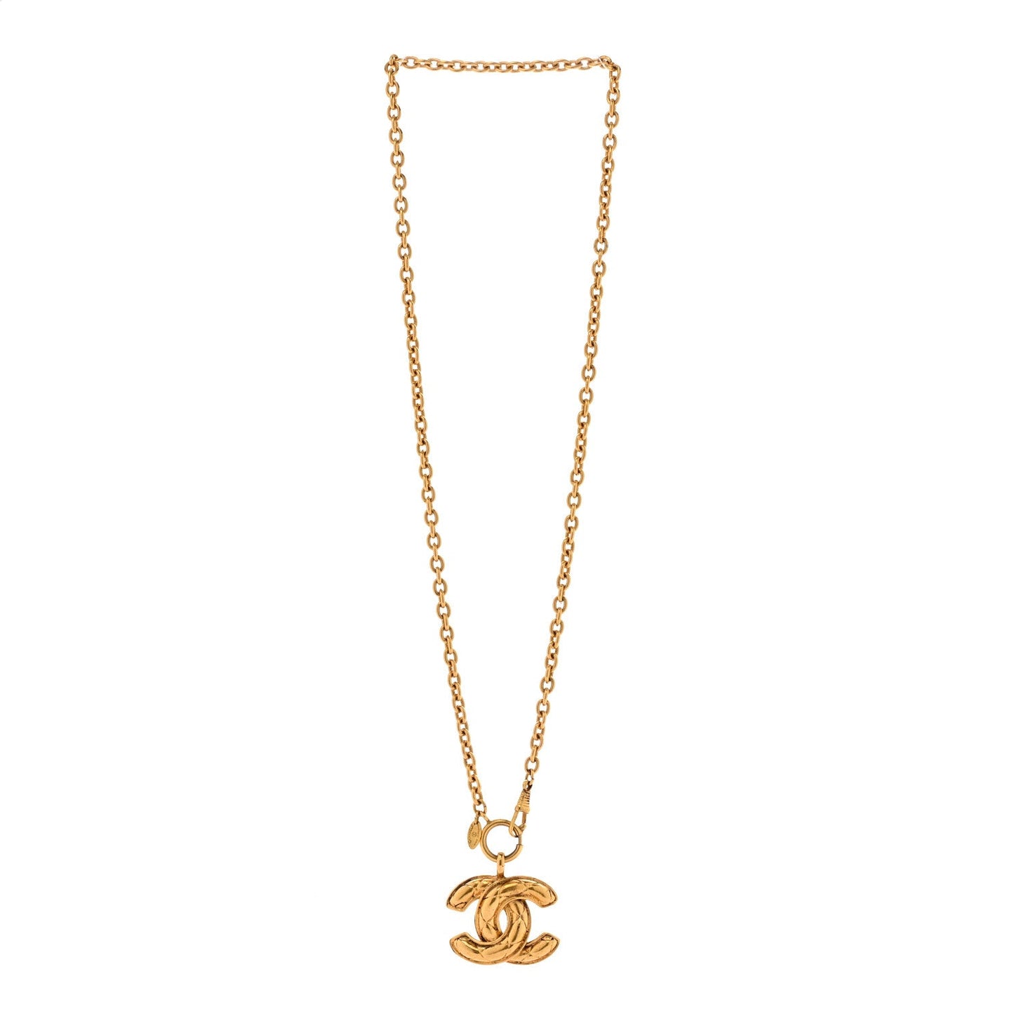 Metal Quilted CC Long Necklace Gold