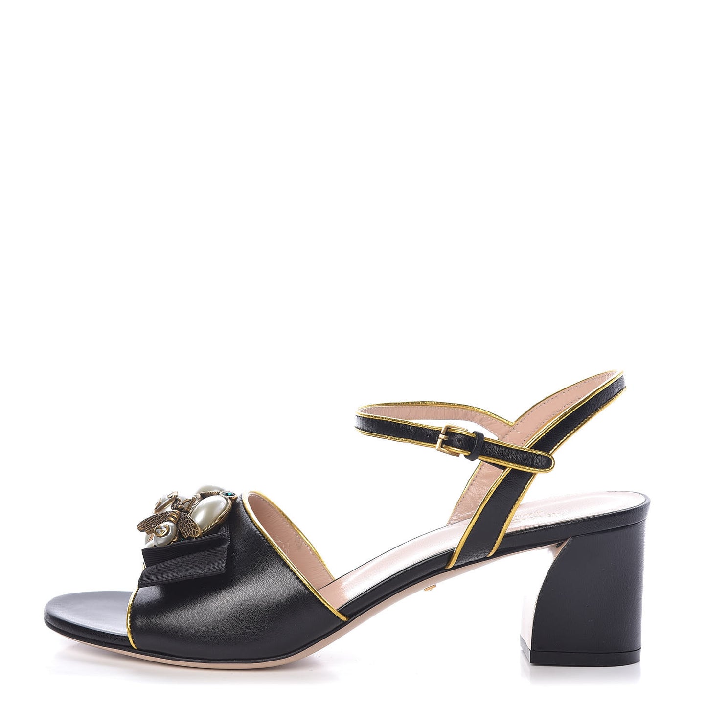 Nappa Silk Pearl Bee Embellished Mid-Heel Sandals 39.5 Black