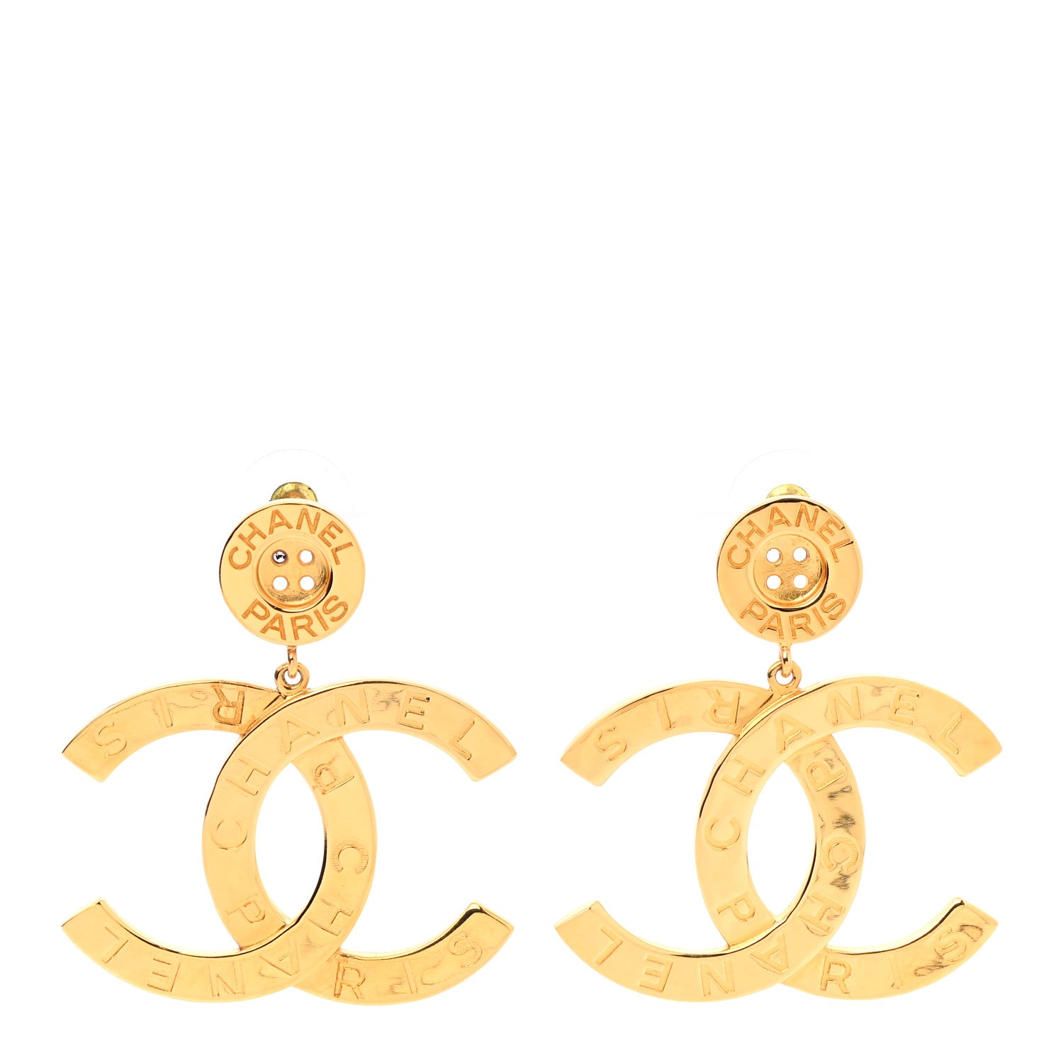 Chanel Metal Large Paris Button Earrings Gold 1 of 4