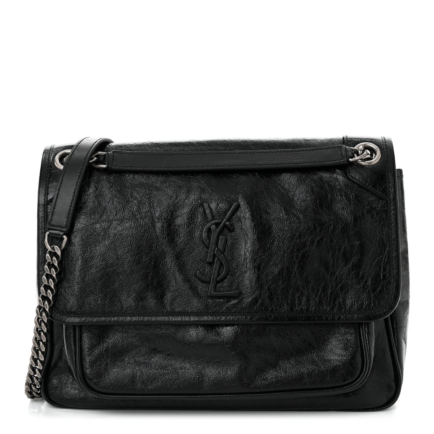 Crinkled Calfskin Monogram Medium Niki Chain Satchel Black