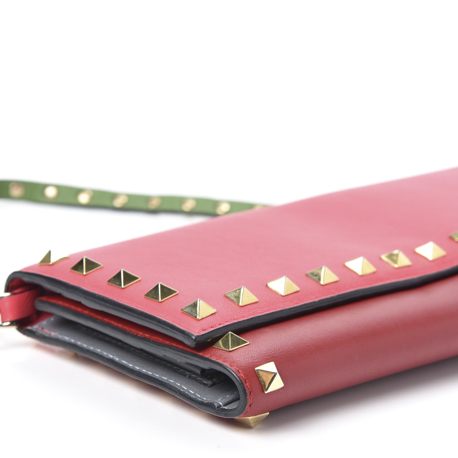 Valentino Garavani Vitello Colorblock Rockstud Wallet On Strap Deep Rose Green Grey Scarlet 5 of 11