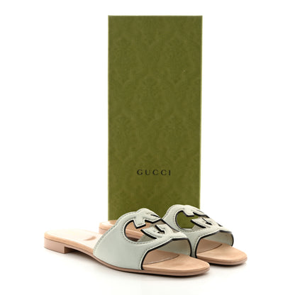 Gucci Kid Scamosciato Interlocking G Cut Out Slide Sandals 38.5 Pale Green 8 of 8